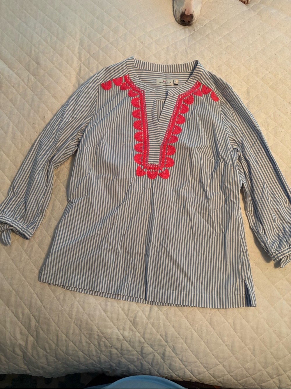 Vineyard Vines Blue & White Striped Top with Coral Embroidery